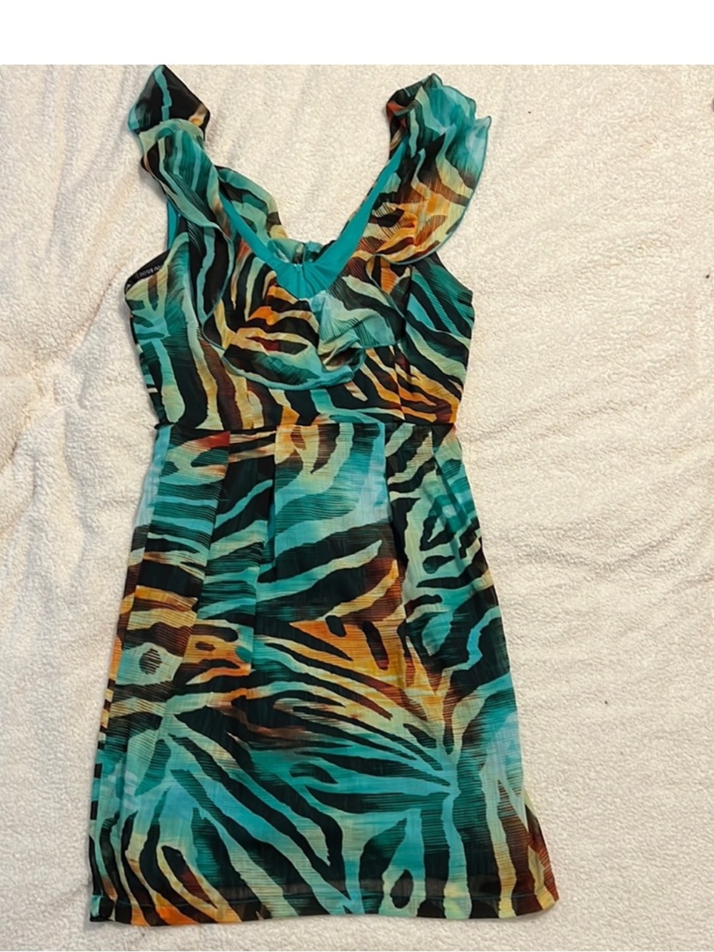Bisou Bisou Tropical Animal Print Ruffle Dress Size 10 Flowy Stretch